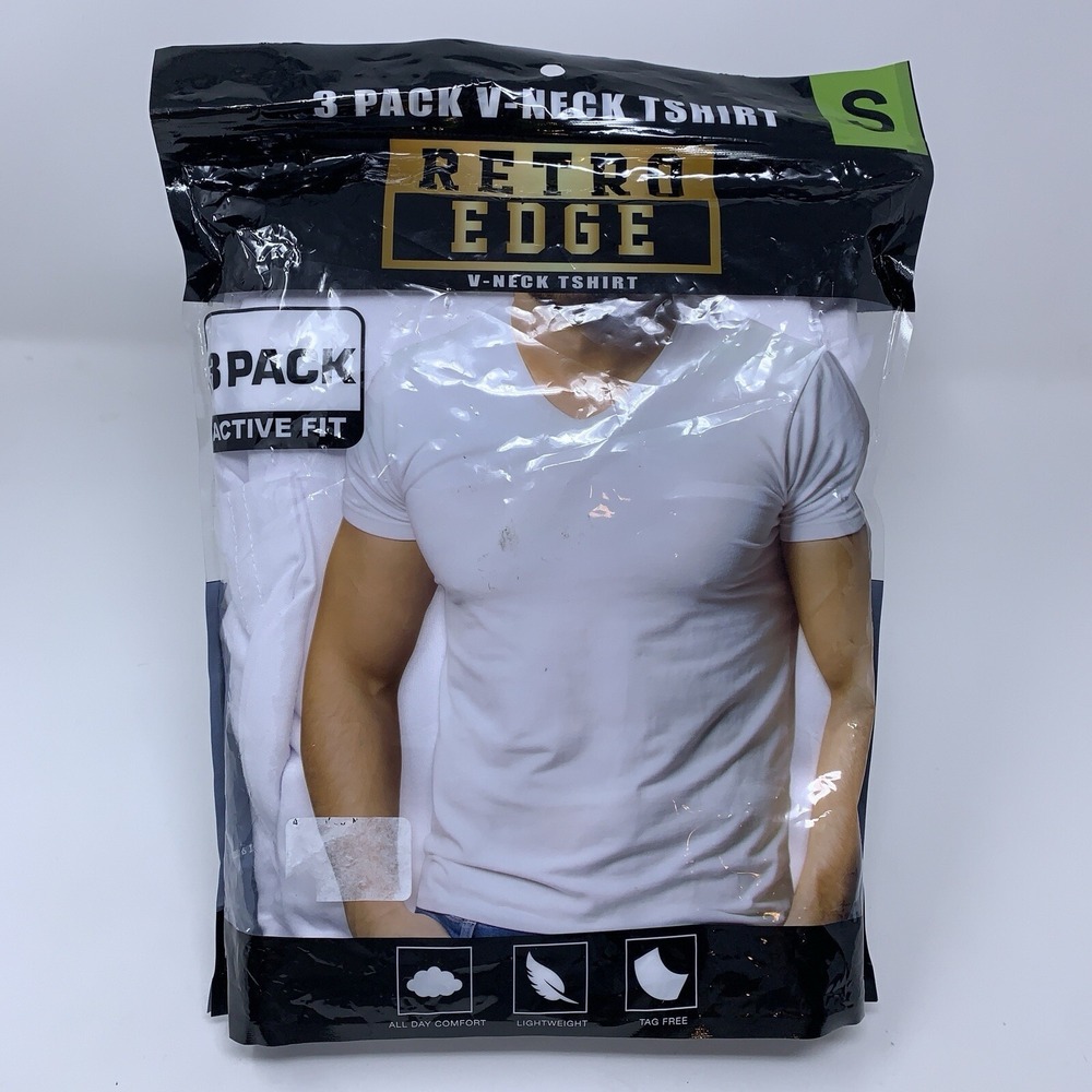 retro Edge Mens Small Active Fit White Short Sleeve V Neck T-Shirt 3 Pack NWT